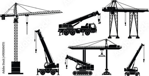 Black silhouette construction cranes collection including tower crane mobile crane truck crane port crane industrial lifting machinery icons isolated on white background