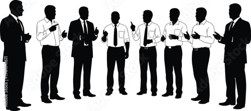 Black silhouette of a professional business team and group of businessmen in suits and ties talking and collaborating together isolated on white background