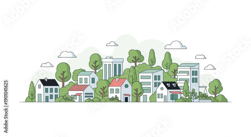 Modern eco-friendly housing development with trees and green spaces