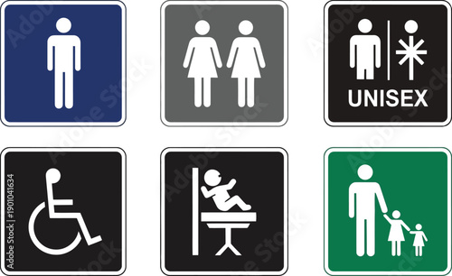 Restroom Signs: Collection of essential restroom signs, representing men, women, unisex, disabled access, baby changing station, and family.
