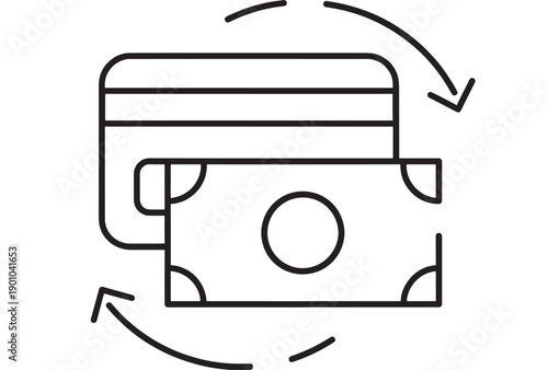 Money transfer icon with credit card and banknote in circular arrows, minimal line outline style for fintech payments, exchange, refund, cash withdrawal on white