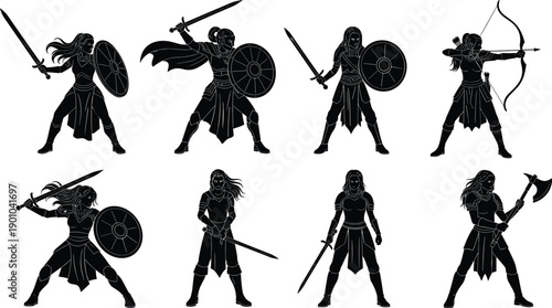 Black Vector Silhouettes of Ancient Female Warrior Characters Including Sword Fighters Archers and Axe Wielders for Fantasy Roleplaying Games History and Creative Design Projects