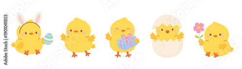 Cute collection of Easter chicks character in different poses. Chickens set for spring holiday design. Flat vector illustration.