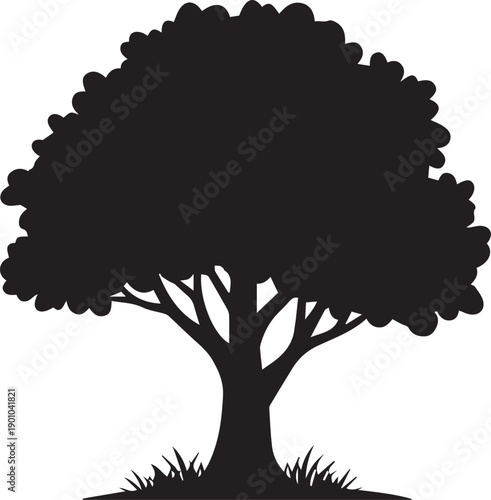 A Detailed Silhouette of a Lush Tree with a Broad Canopy and Visible Roots, Standing Tall on a Bed of Grass