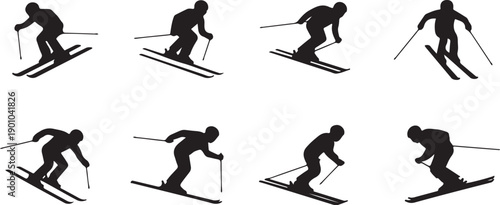 Set of eight different skiing poses with skis and poles isolated