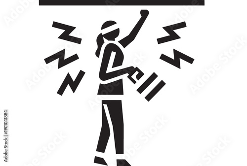 Worker safety icon showing person wearing hard hat struck by falling object with impact marks, workplace accident hazard warning pictogram in black silhouette