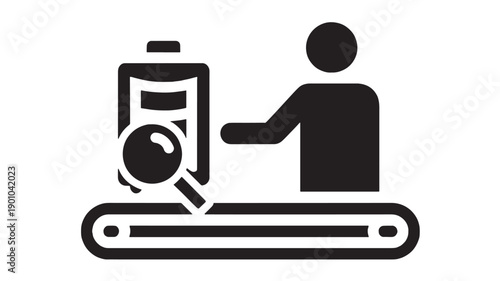 Baggage inspection icon showing airport security officer scanning luggage on conveyor belt with magnifying glass, black silhouette pictogram isolated on white