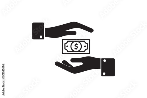 A graphic depicting two hands, one above the other, exchanging a dollar bill with a prominent currency symbol