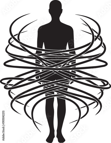 Abstract Silhouette of a Person Entangled in Swirling Lines Representing Connection or Confinement