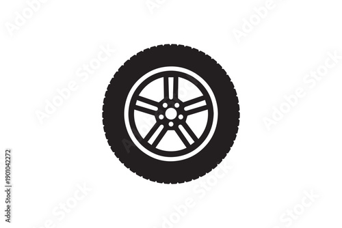 Black tire vector illustration with aluminum rim isolated on white background depicting automotive spare part for vehicle maintenance and repair