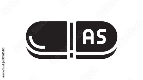 Pill capsule icon with split medicine tablet shape and AS text, minimalist black silhouette symbol for pharmacy, healthcare branding, label, and medical UI design