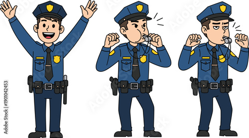 Cartoon police officer illustrations in expressive poses—smiling, whistling, and signaling—ideal for law enforcement education, public safety design, and character-based visual storytelling.