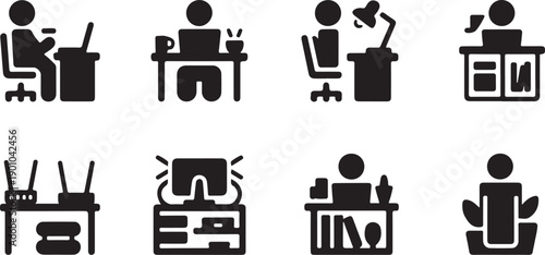 Set of icons showing various office worker activities and equipment