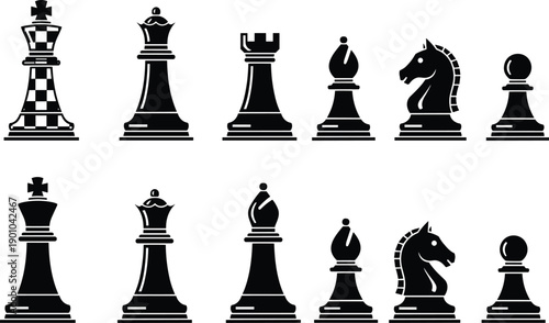 Chess pieces silhouettes set featuring king queen rook bishop knight and pawn icons isolated on white background for strategy, board game, competition, and intelligence concepts