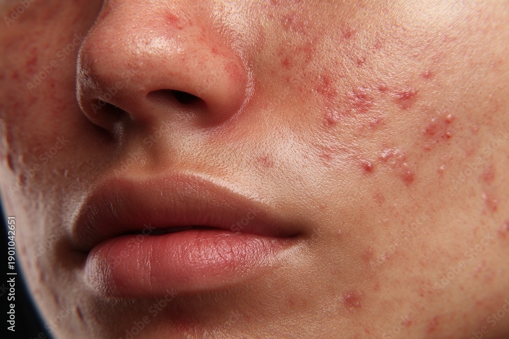 Fototapeta premium Close-up of human skin with acne and blemishes on the face