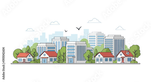 Modern Cityscape with Residential Houses and Greenery