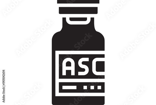 Ascorbic acid bottle icon with vitamin C supplement label, black glyph silhouette isolated on white background, minimalist medical container symbol for UI and packaging