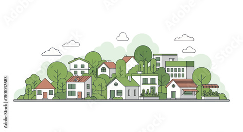 Vibrant Eco-Friendly Townscape with Modern Houses and Lush Greenery