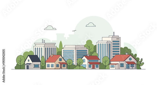 Modern Cityscape with Houses and Office Buildings, Green Trees, Flat Design