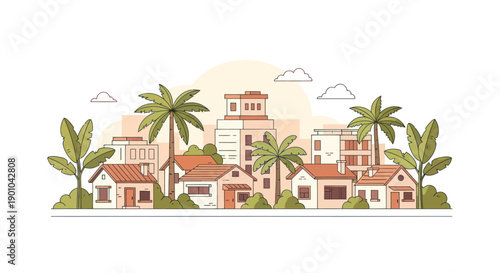 Tropical Townscape: Flat Illustration of Buildings, Palm Trees, and Greenery