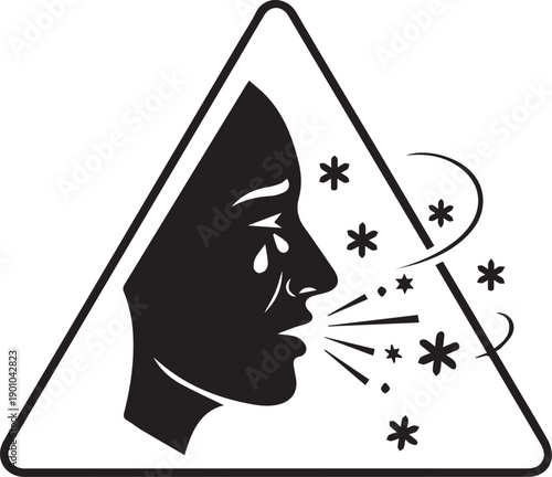Warning sign representing a person sneezing with cold virus particles and tears, indicating illness or allergy