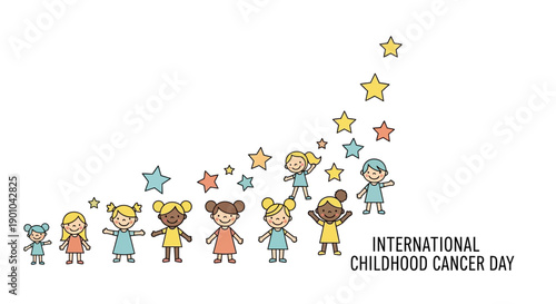 A colorful illustration of diverse children standing together with stars, promoting International Childhood Cancer Day awareness with a pink and gold ribbon, symbolizing hope and support