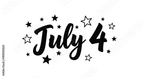 July 4th typography with stars, patriotic text element, Independence Day label, for banner or poster or social media overlay, Isolated on transparent background, png