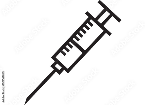 Syringe medical injection icon in black outline, simple flat silhouette isolated on white background, healthcare vaccination equipment symbol for UI and infographic design