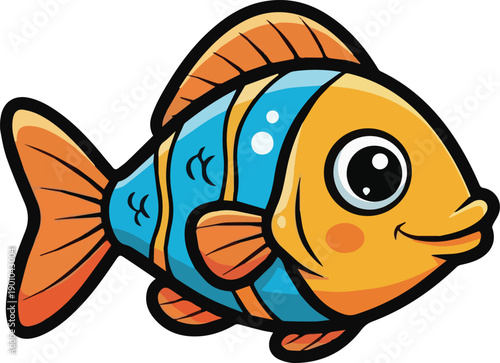 Vibrant cartoon fish illustration featuring a cheerful aquatic creature with orange and blue striped fins, perfect for children's designs, playful themes, and underwater adventure concepts