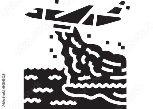 Airplane crash icon with smoke plume and water impact, minimalist black and white aviation accident symbol for safety alert, emergency signage, and disaster concept