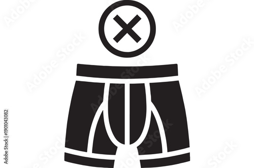 Underwear boxer briefs icon with prohibited sign above, black silhouette vector pictogram for no underwear rule, laundry label, privacy concept on white background