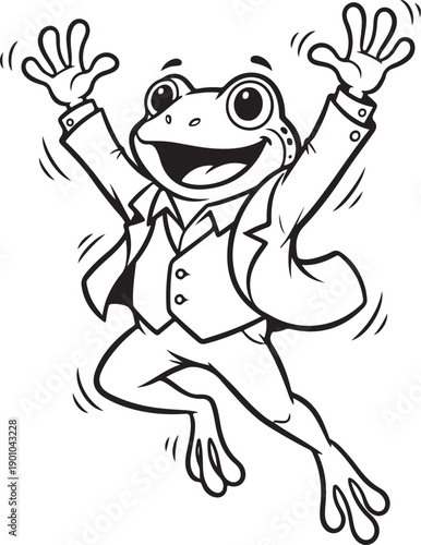 A happy cartoon frog in a suit enthusiastically jumps with arms raised