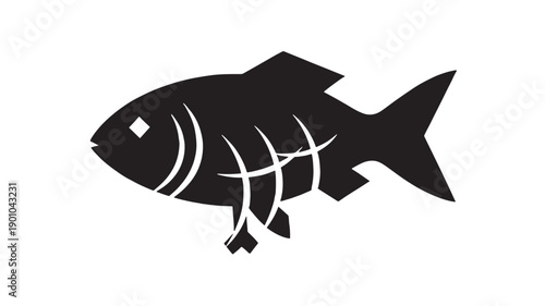 Fish skeleton icon in black silhouette style, minimal flat vector symbol of dead fish with bones and fins, isolated on white background for seafood warning labels
