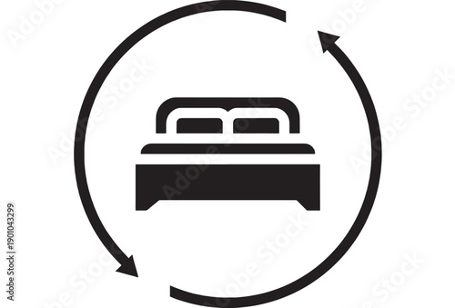 Bed icon with circular refresh arrows symbol, black glyph pictogram isolated on white background for hotel service, housekeeping change, bedding replacement and reset