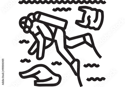 Diver underwater icon with scuba tank, fins and bubbles in bold black outline, minimalist pictogram for diving school, snorkeling, sea adventure and safety signage