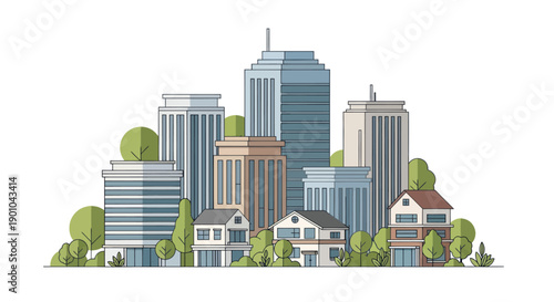 Diverse Cityscape: Modern Skyscrapers and Residential Houses with Green Trees