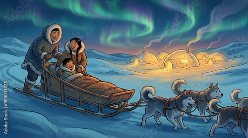 Eskimo family traveling through snowy landscape under aurora borealis with sled and huskies