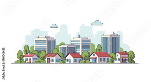 Modern Cityscape with Residential Houses and Tall Buildings Illustration