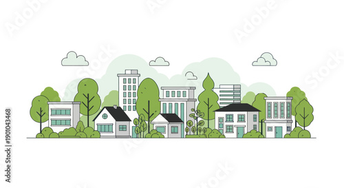 Modern eco-friendly cityscape with green trees and contemporary houses
