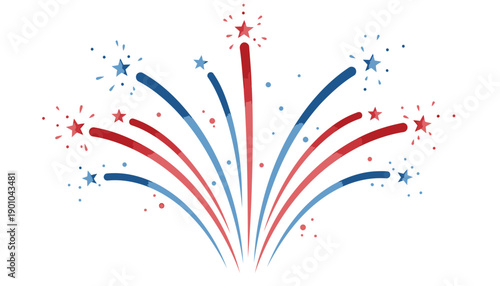 Red, white, and blue fireworks explosion with stars, vector illustration for Independence Day or patriotic celebration, overlay effect for banner or poster, Isolated on transparent background, png