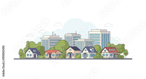 Suburban neighborhood with modern cityscape background, illustration