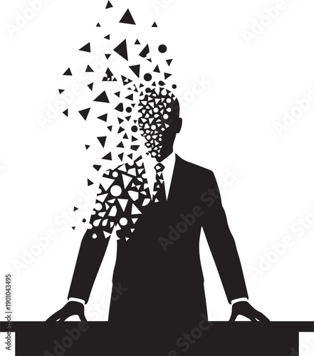Silhouette of a businessman dissolving into geometric shapes, representing fragmentation, change, or loss of identity in the corporate world