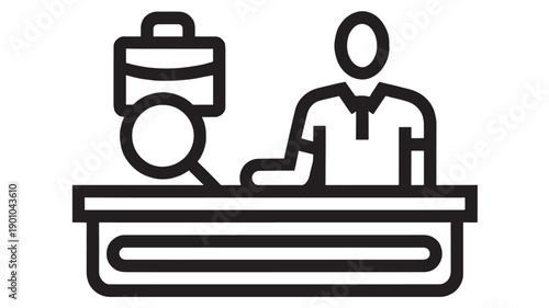 Receptionist desk icon with business person and briefcase, customer service counter pictogram in black outline style, office reception support symbol isolated
