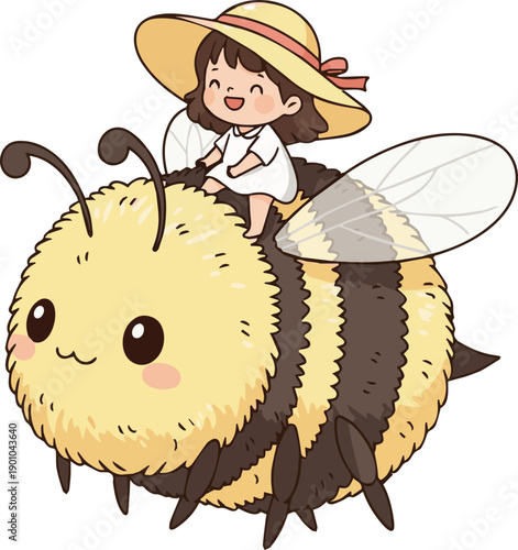 A cheerful little girl in a sun hat joyfully rides on the back of a cute, fluffy bumblebee through the air