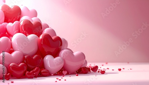 Pile of glossy red and pink hearts on soft pink background with copy space