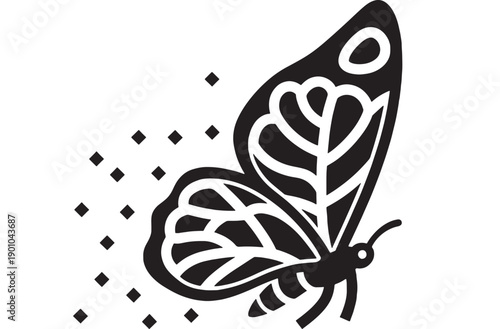 Butterfly silhouette icon with decorative wing pattern and floating diamond sparkles, minimalist black and white insect symbol for logo, tattoo, sticker, or web design