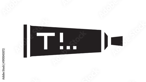 Flashlight icon with warning alert symbol and beam cone, black silhouette pictogram for emergency lighting, safety signal, camping gear, and UI app interface