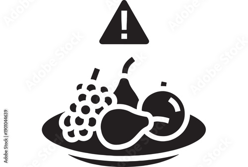 Fruit allergy warning icon with grapes, pear, cherry and exclamation symbol, black silhouette pictogram for food safety label, allergen alert sign isolated on white