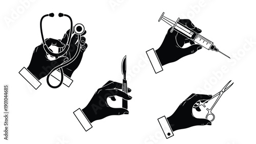 Medical Hands Performing Injection and Sampling Icons Representing Clinical Procedures Vaccination and Phlebotomy Illustration