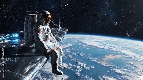 Astronaut relaxing in space looking at the Earth from a spaceship, space exploration concept